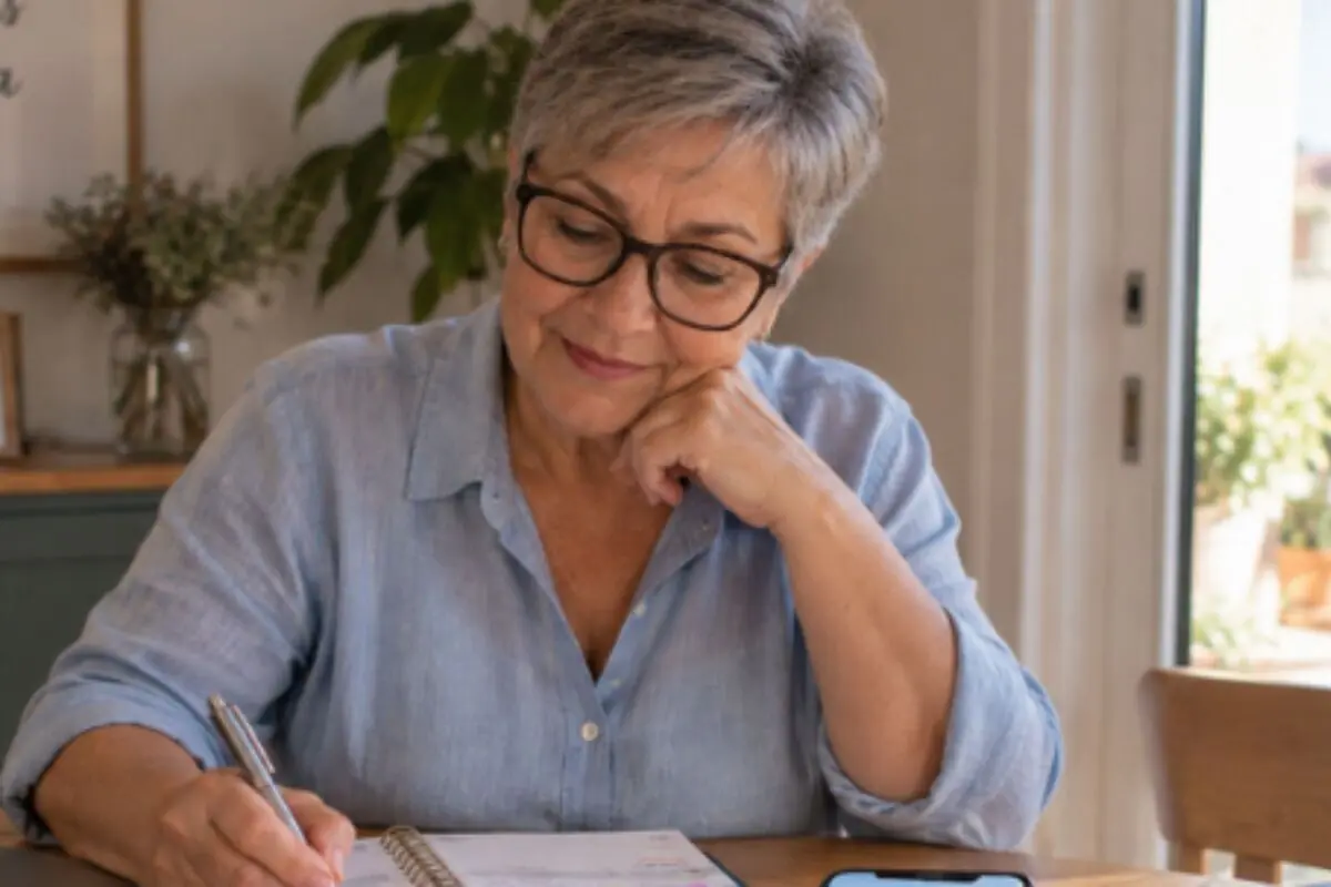Older woman with glasses writing in a notebook while sitting at a table by a window. Older woman with glasses writing in a notebook while sitting at a table by a window.
