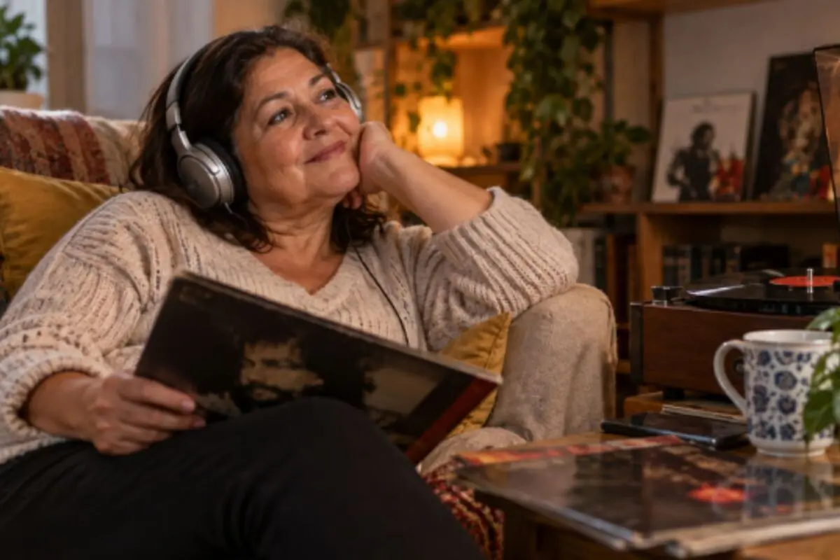 Relaxed middle-aged woman in an armchair listening to music with headphones while looking at a vinyl record in a cozy room with a record player and plants in the background. Relaxed middle-aged woman in an armchair listening to music with headphones while looking at a vinyl record in a cozy room with a record player and plants in the background.
