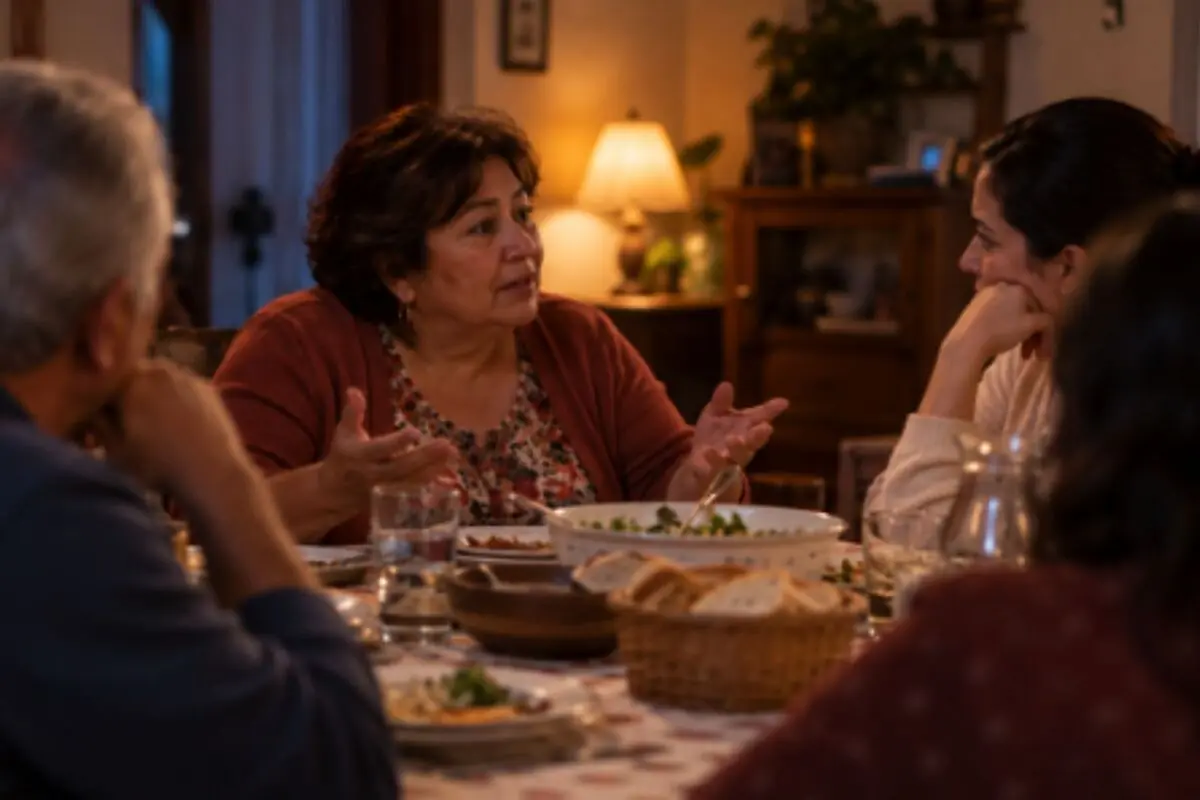 Elderly woman talking with family members around a set table in a warm, cozy dining room. Elderly woman talking with family members around a set table in a warm, cozy dining room.