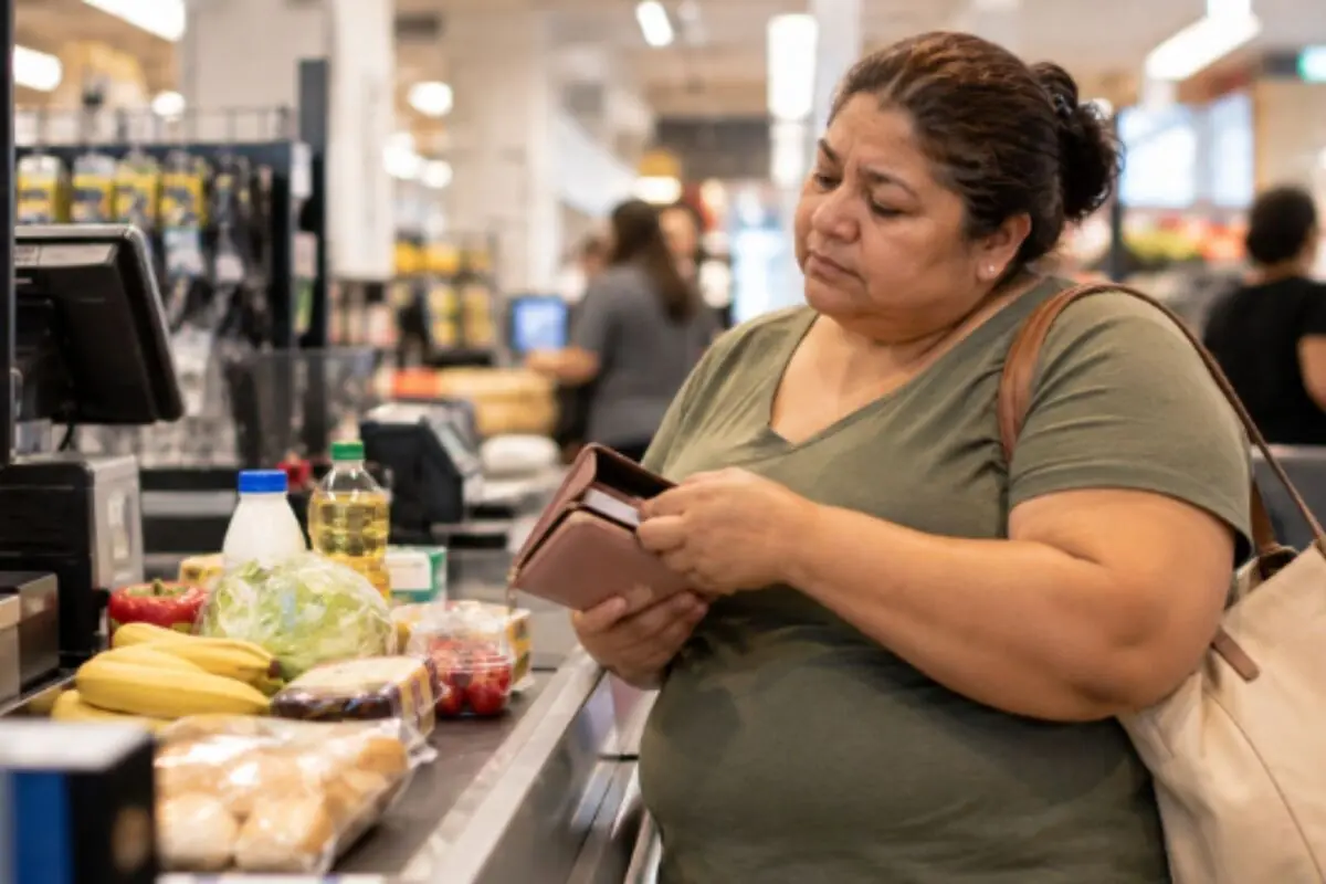 Woman at a supermarket checkout counter checking her purse while her groceries are on the conveyor belt. Woman at a supermarket checkout counter checking her purse while her groceries are on the conveyor belt.