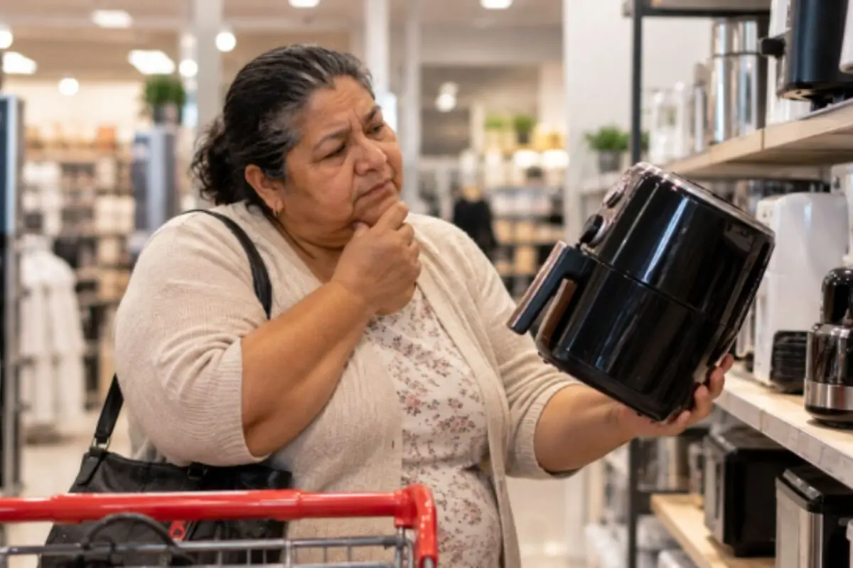 Woman in an appliance store thoughtfully looking at a black air fryer while holding a shopping cart. Woman in an appliance store thoughtfully looking at a black air fryer while holding a shopping cart.