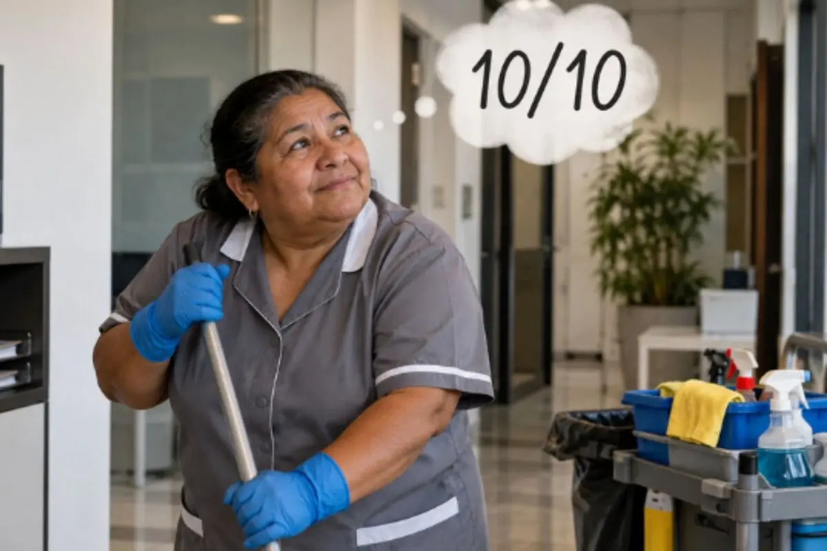 Cleaning worker with blue gloves smiles while holding a mop in an office hallway next to her cleaning cart, with a thought bubble showing a 10/10 rating. Cleaning worker with blue gloves smiles while holding a mop in an office hallway next to her cleaning cart, with a thought bubble showing a 10/10 rating.