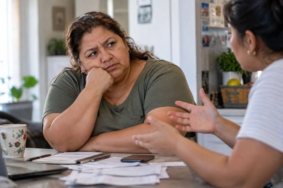 Middle-aged woman with a worried expression listens to another person while they review documents and bills on the kitchen table. Middle-aged woman with a worried expression listens to another person while they review documents and bills on the kitchen table.