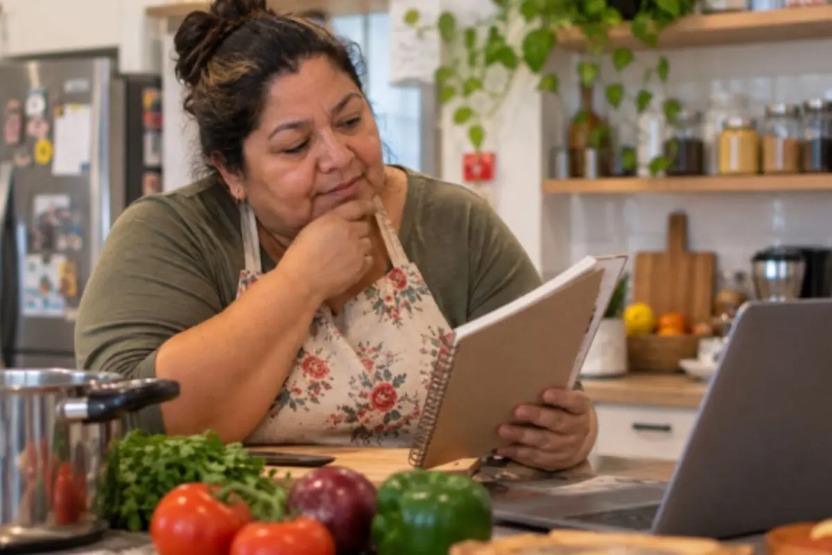 Woman wearing an apron in a kitchen checking a recipe notebook in front of a laptop and fresh food on the table. Woman wearing an apron in a kitchen checking a recipe notebook in front of a laptop and fresh food on the table.