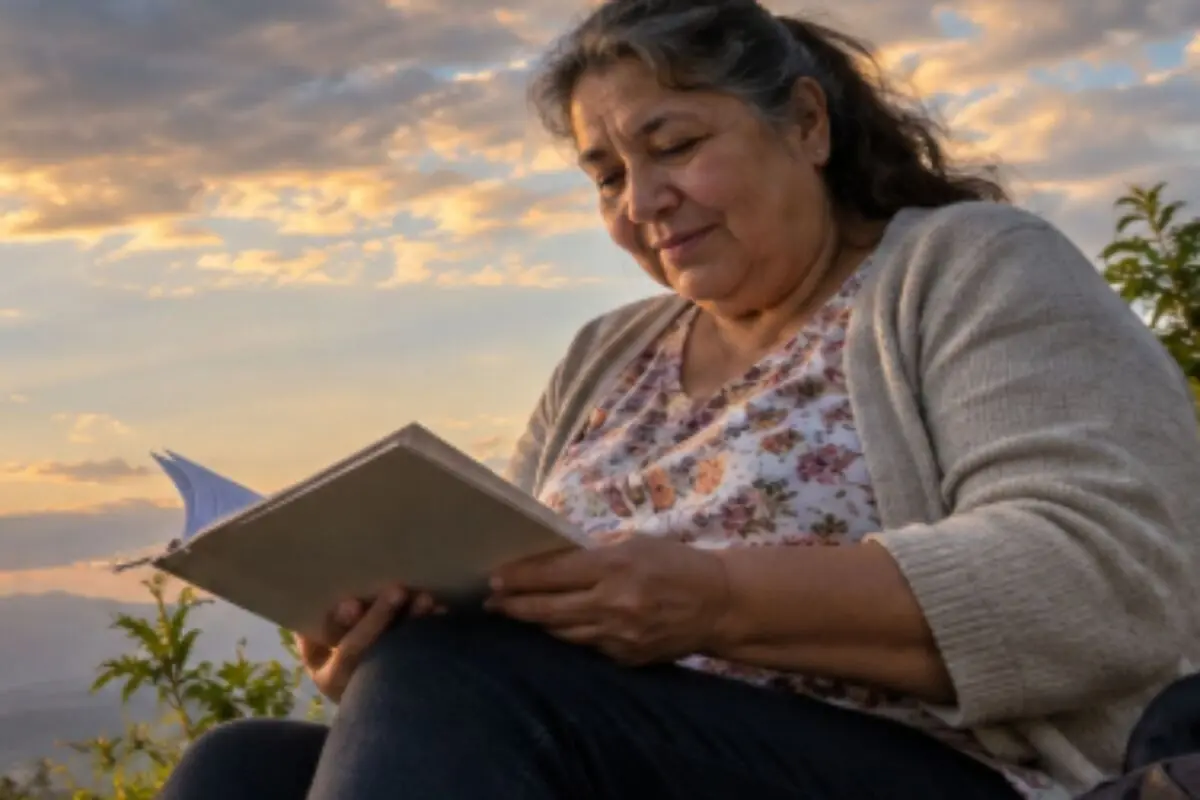 Older woman sitting outdoors reading a book at sunset.