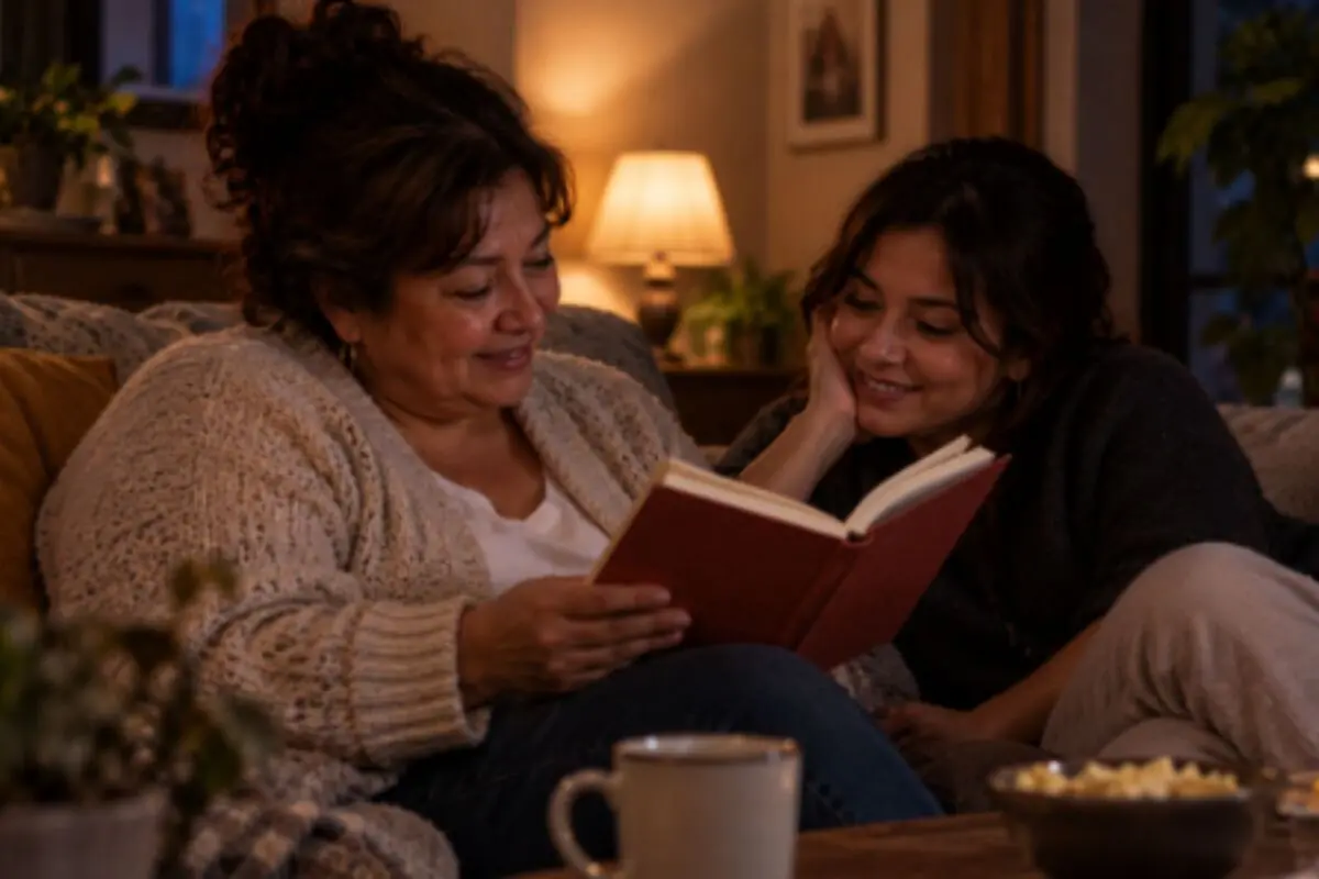 Two women sitting on a couch reading a red book together in a cozy room lit by a table lamp. Two women sitting on a couch reading a red book together in a cozy room lit by a table lamp.