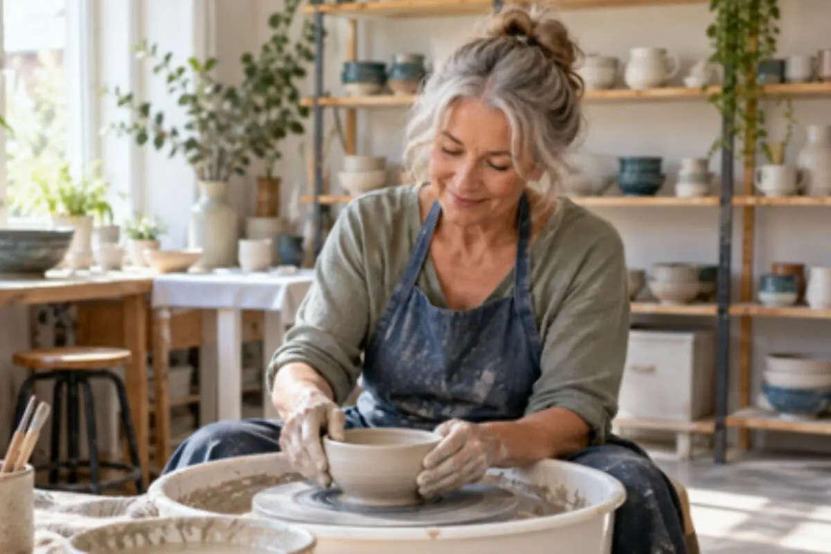 Smiling adult woman working on a ceramic piece on a potter’s wheel in a bright studio filled with vases and plants.