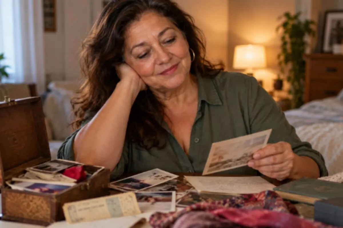 Mature woman sitting in a cozy room looking at an old photograph with a nostalgic expression next to a box of memories and letters on the table. Mature woman sitting in a cozy room looking at an old photograph with a nostalgic expression next to a box of memories and letters on the table.