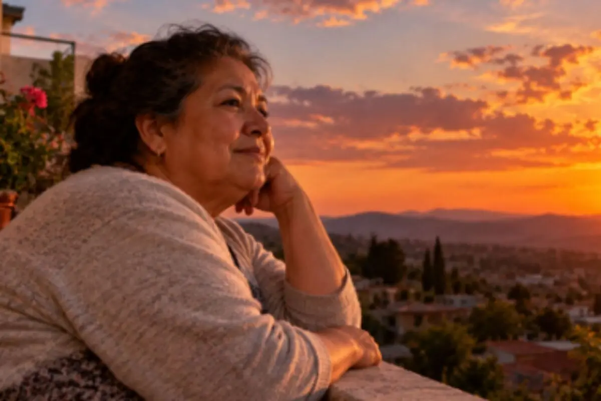 Older woman leaning on a balcony, thoughtfully watching a sunset over a city with mountains in the background.