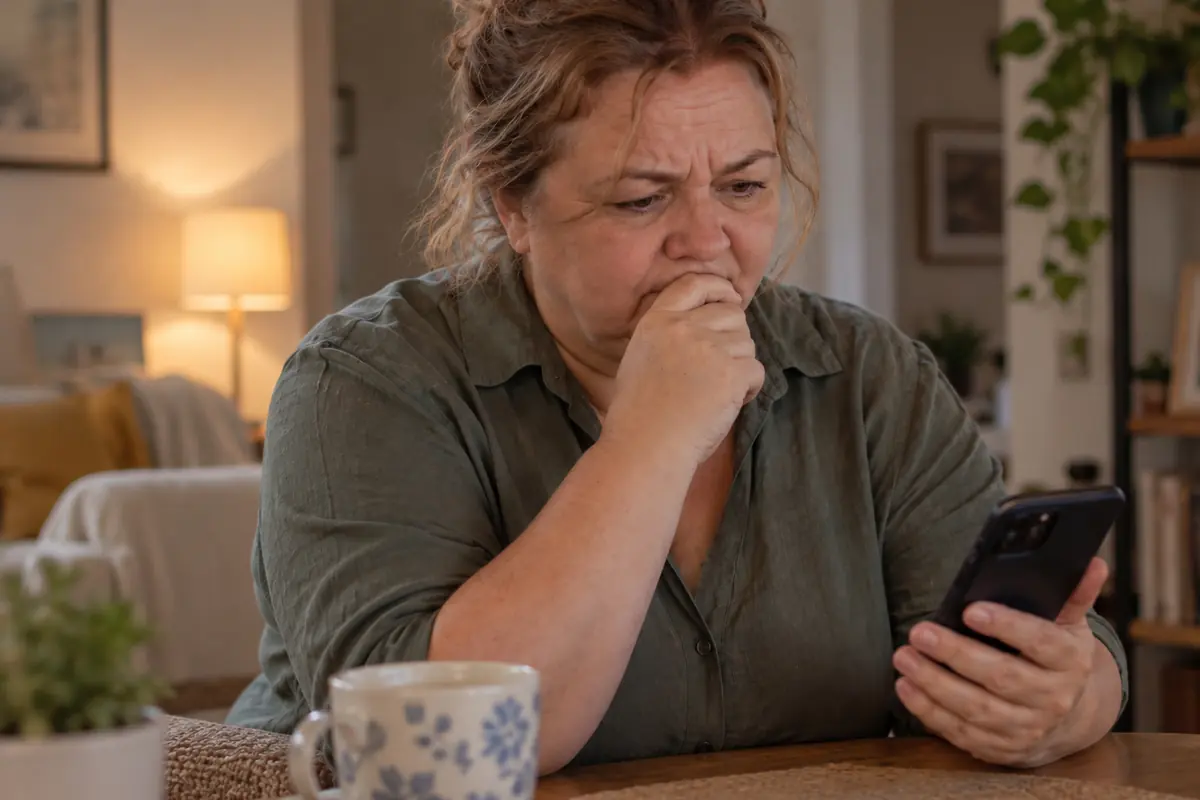 Middle-aged woman with a worried expression looking at her cellphone screen while sitting in the living room Middle-aged woman with a worried expression looking at her cellphone screen while sitting in the living room