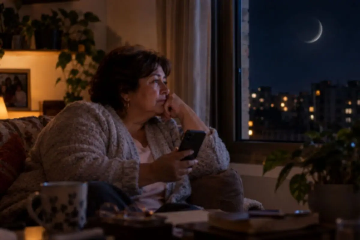 Middle-aged woman sitting on a couch with a cell phone in her hand, looking thoughtfully out the window at the illuminated nighttime city and a crescent moon. Middle-aged woman sitting on a couch with a cell phone in her hand, looking thoughtfully out the window at the illuminated nighttime city and a crescent moon.