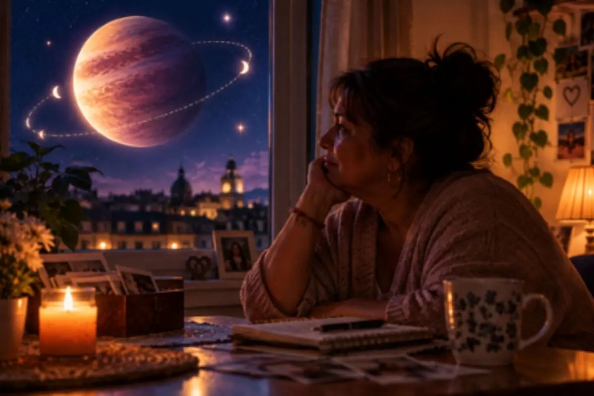 Thoughtful woman resting her head on her hand looks out the window at a giant planet with bright moons over a nighttime city, while on the table there is a lit candle, notebooks, photos, and a cup.