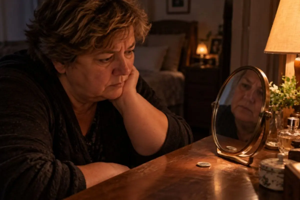 Older woman deep in thought leaning on a wooden table, looking at her reflection in a vanity mirror in a dimly lit room.