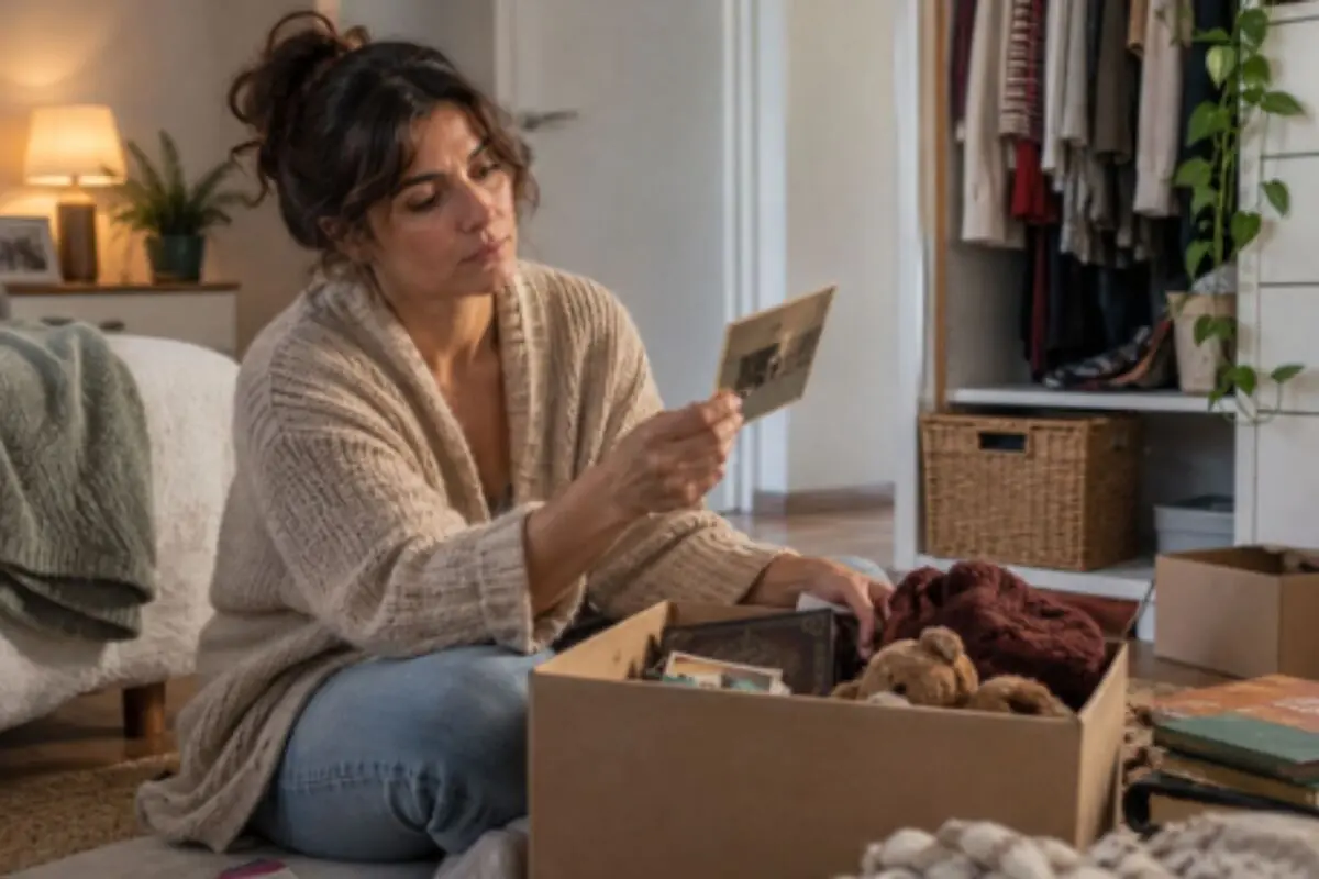 Woman sitting on the floor of her bedroom going through a box of keepsakes and looking at an old photograph. Woman sitting on the floor of her bedroom going through a box of keepsakes and looking at an old photograph.