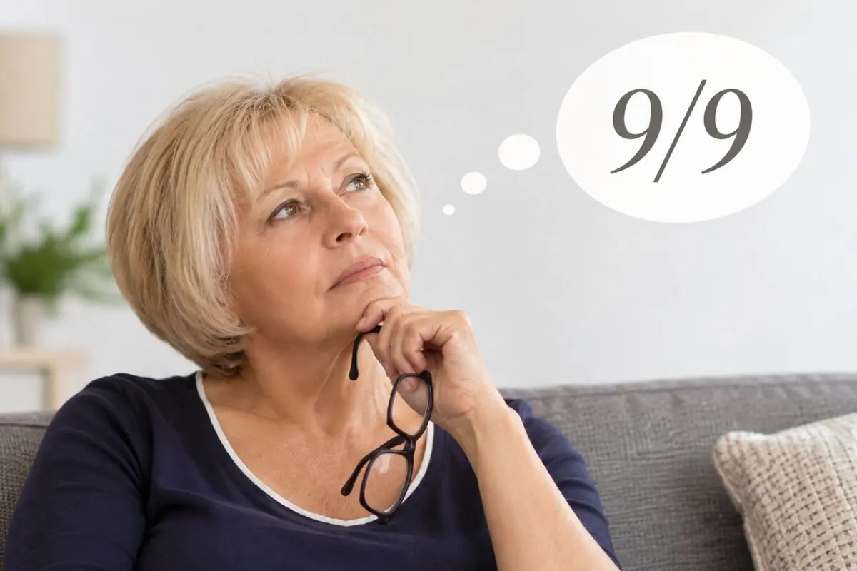Thoughtful elderly woman sitting on a couch holding her glasses while imagining a thought bubble with the fraction 9/9.