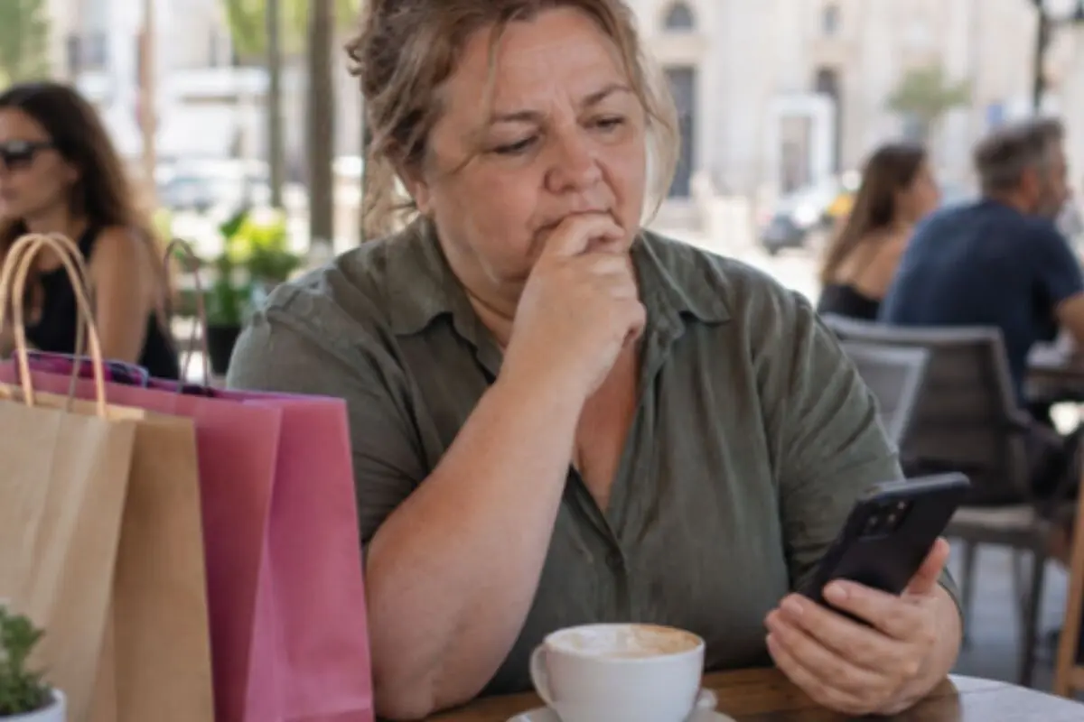 Thoughtful woman in a cafรฉ looking at her cell phone next to shopping bags and a cup of coffee. Thoughtful woman in a cafรฉ looking at her cell phone next to shopping bags and a cup of coffee.