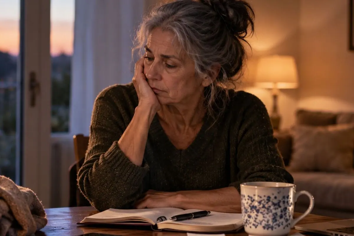 Older woman, deep in thought, resting her head on her hand while looking at an open notebook, with a cup of coffee on the table in a cozy room at sunset.