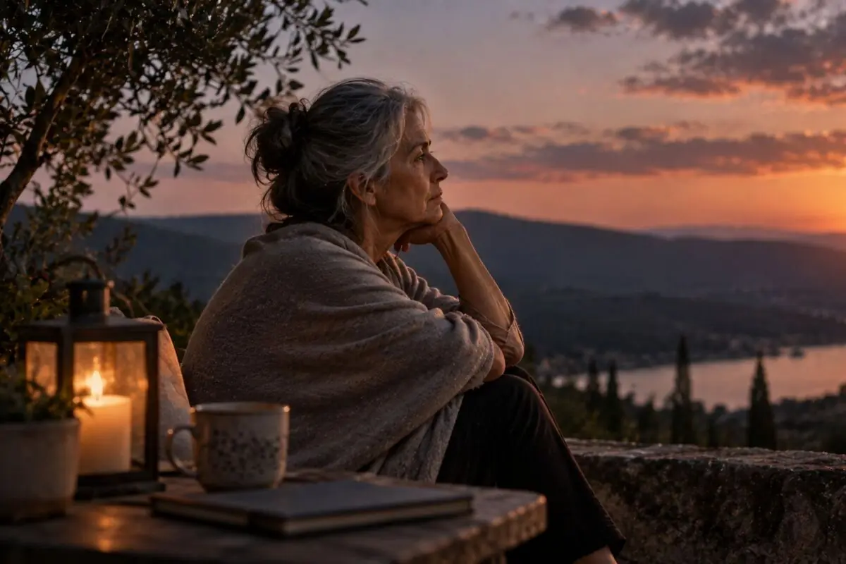 Thoughtful elderly woman wrapped in a blanket looking at the sunset over a landscape of mountains and a lake, with a lit candle and a cup on the table.