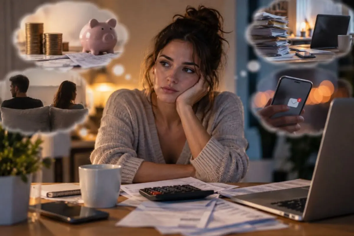 Worried young woman sitting in front of bills and a laptop while thinking about money, work, relationship problems, and messages on her phone.