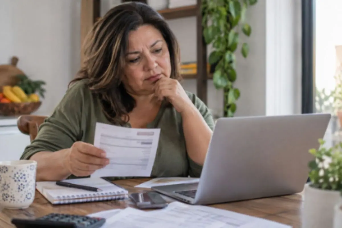Middle-aged woman reviewing bills and using a laptop at her home table. Middle-aged woman reviewing bills and using a laptop at her home table.