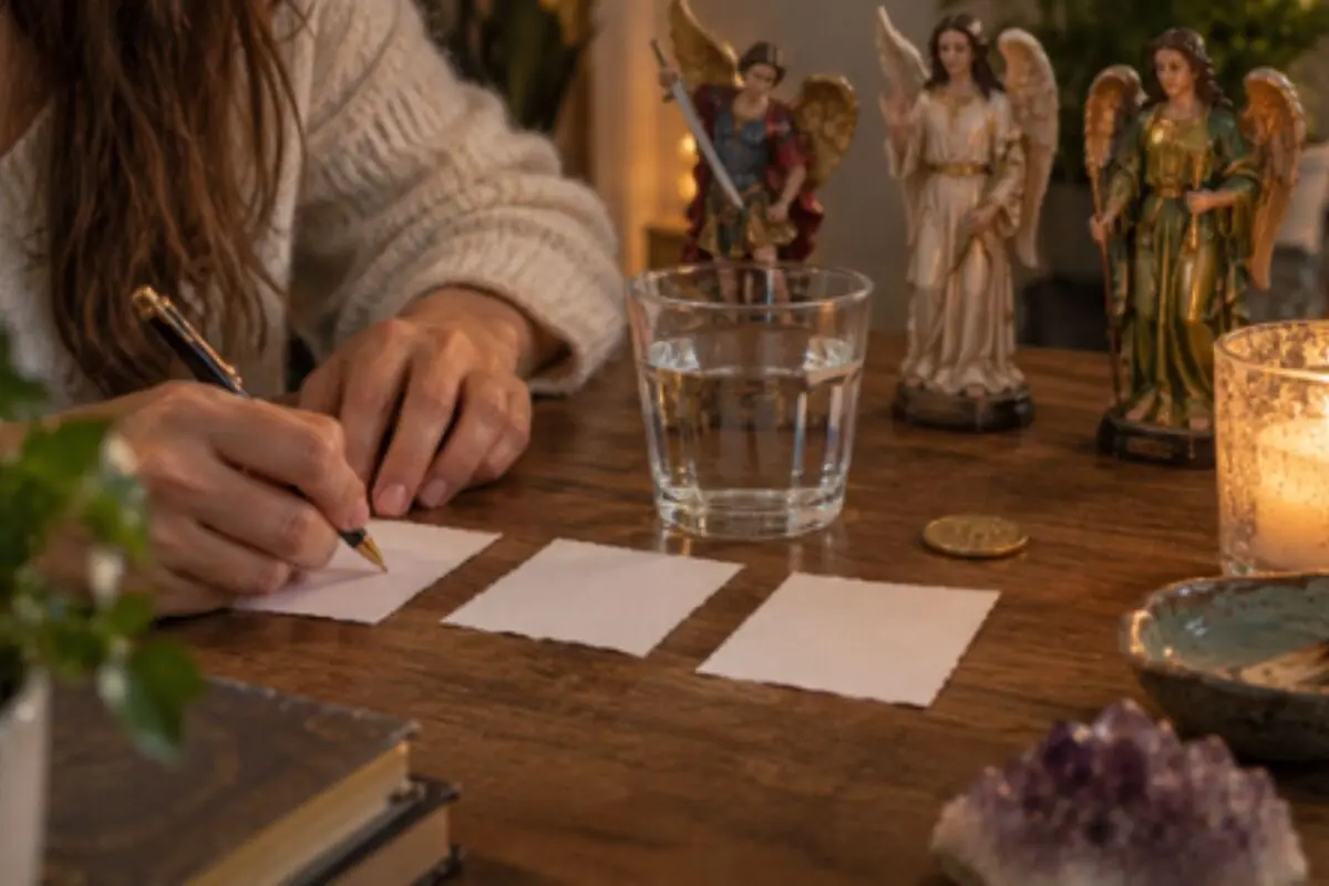 Woman writing on small pieces of paper at a wooden table with a glass of water, candles, angel figurines, and decorative crystals. Woman writing on small pieces of paper at a wooden table with a glass of water, candles, angel figurines, and decorative crystals.
