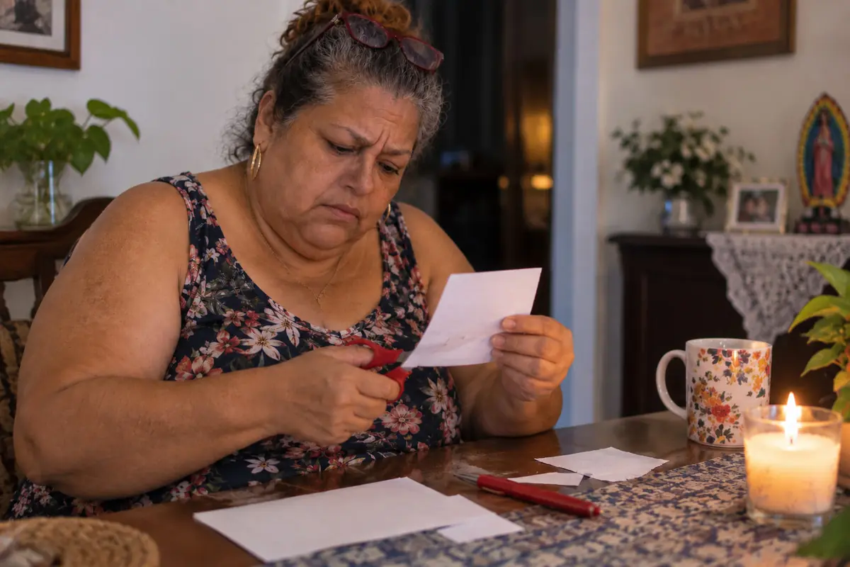 Older woman focused on cutting a sheet of paper with red scissors at a table with a lit mug and decorative objects in a cozy living room. Older woman focused on cutting a sheet of paper with red scissors at a table with a lit mug and decorative objects in a cozy living room.