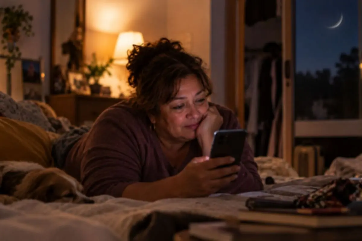 Woman lying in bed at night looking at her cellphone, with a lamp on and a dog sleeping beside her. Woman lying in bed at night looking at her cellphone, with a lamp on and a dog sleeping beside her.