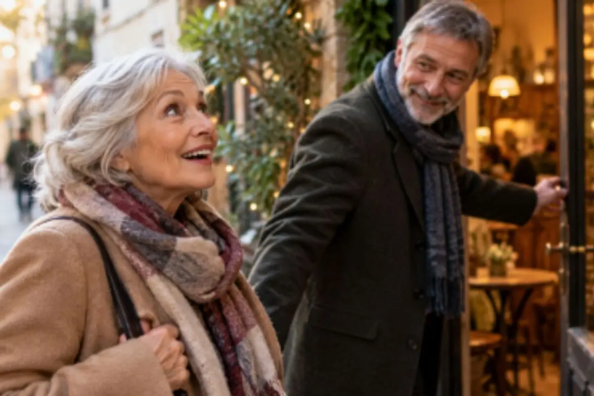 Elderly couple smiling while he opens the door of a cozy café on a street lit with lights and plants.