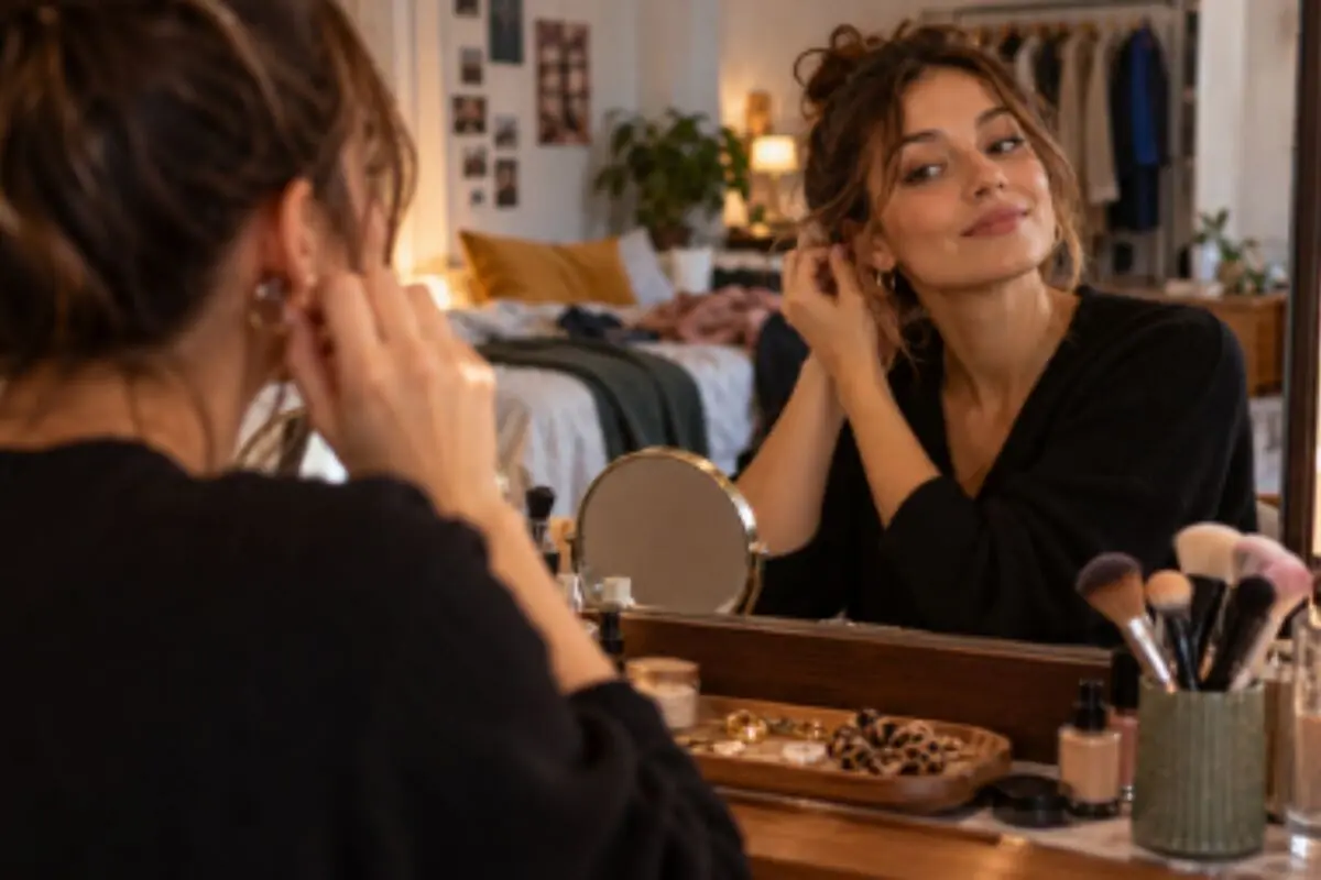 Young woman putting on earrings in front of the mirror on her vanity, surrounded by makeup and jewelry in a cozy room.