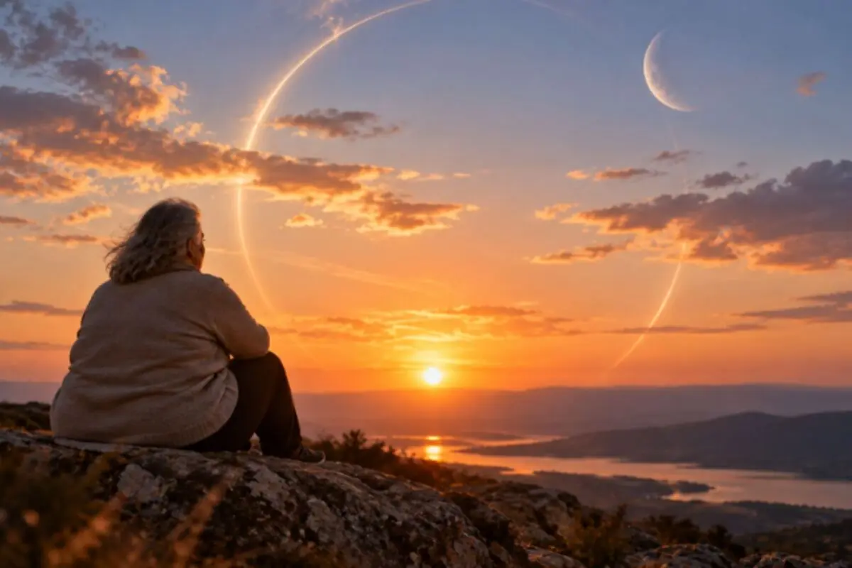 Elderly person sitting on some rocks watching an orange sunset in front of a lake and mountains, with a large luminous arch and a crescent moon in the sky. Elderly person sitting on some rocks watching an orange sunset in front of a lake and mountains, with a large luminous arch and a crescent moon in the sky.
