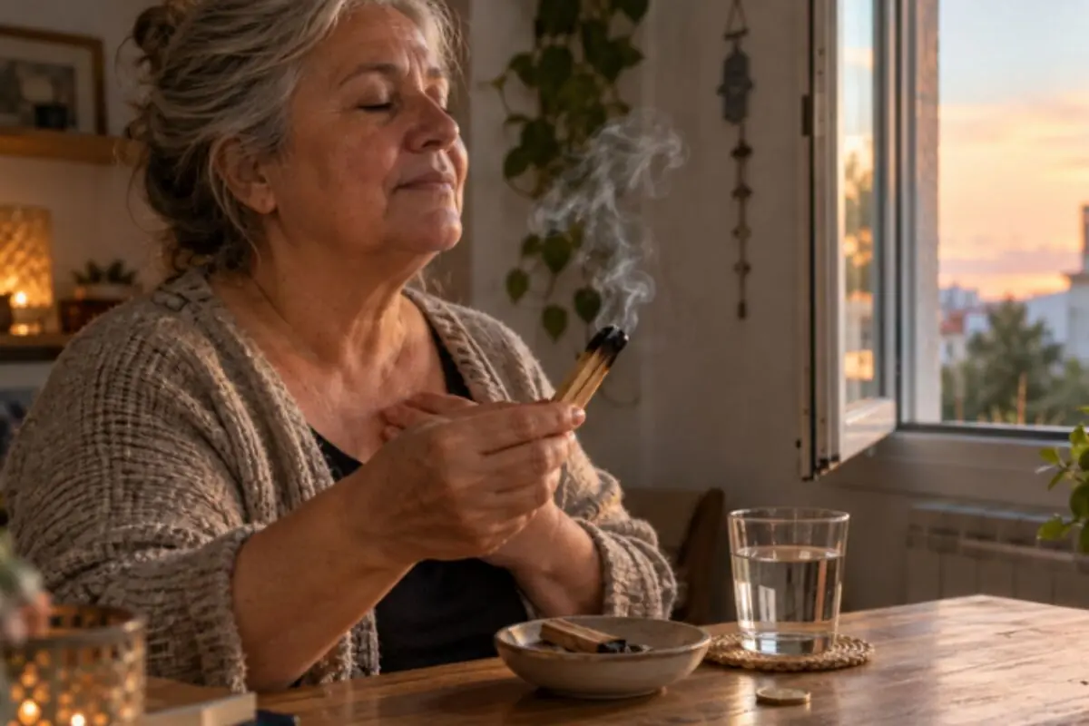 Older woman with her eyes closed meditating at home while holding a smoking incense stick next to a table with a glass of water. Older woman with her eyes closed meditating at home while holding a smoking incense stick next to a table with a glass of water.