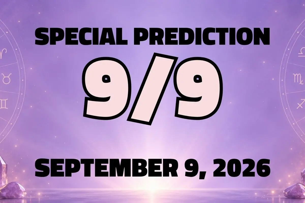 Purple background with zodiac symbols and English text announcing a special prediction for the numerological portal on September 9, 2026, with the number 9 9 large in the center.