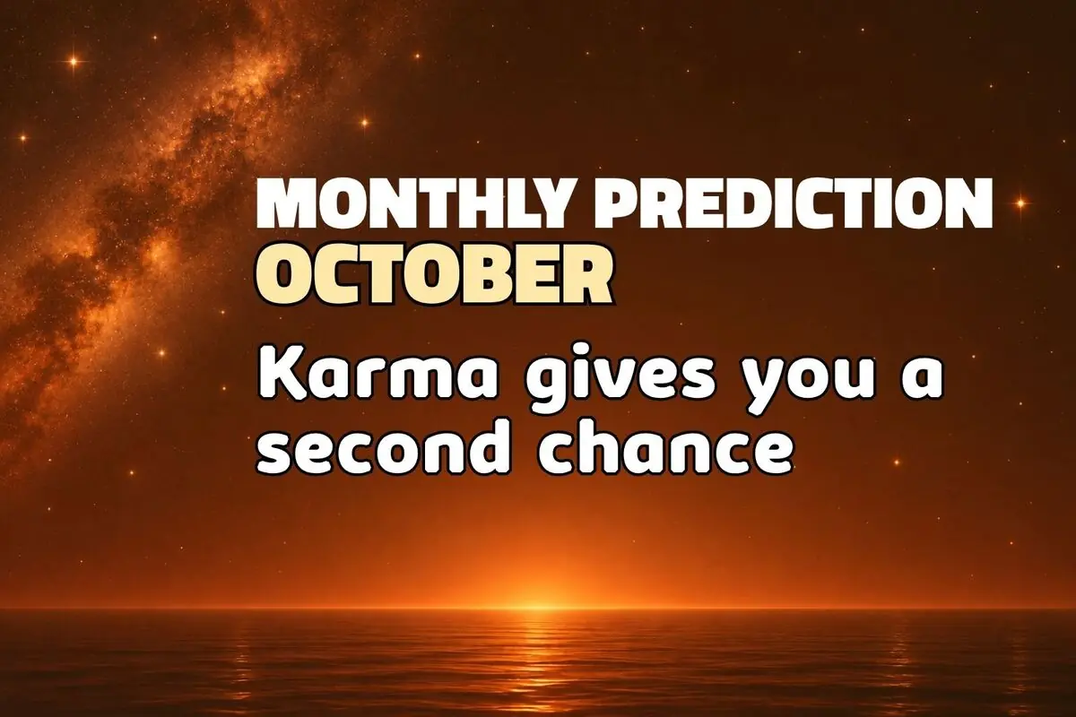 Orange night sky over the sea with the Milky Way and English text announcing the monthly forecast for October, where karma gives you a second chance.