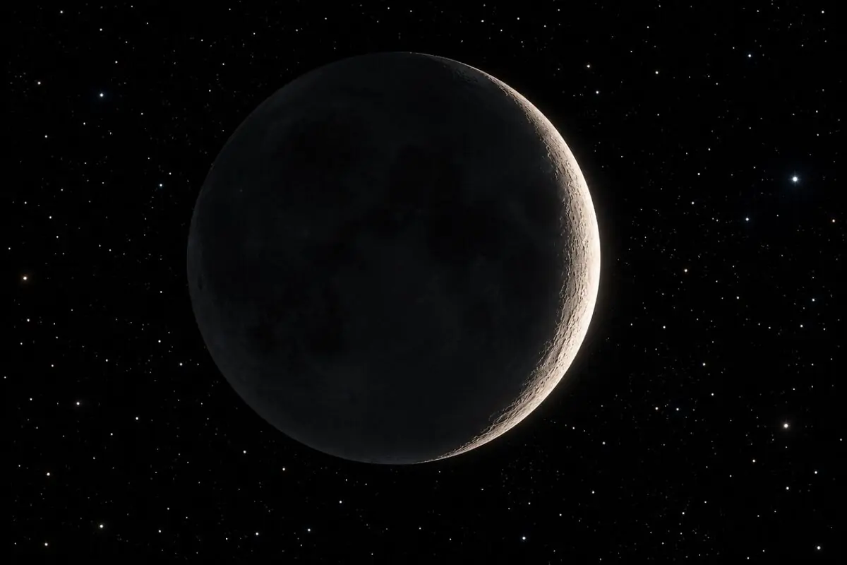 Waxing moon lit by a thin edge of light against a star-filled night sky. Waxing moon lit by a thin edge of light against a star-filled night sky.