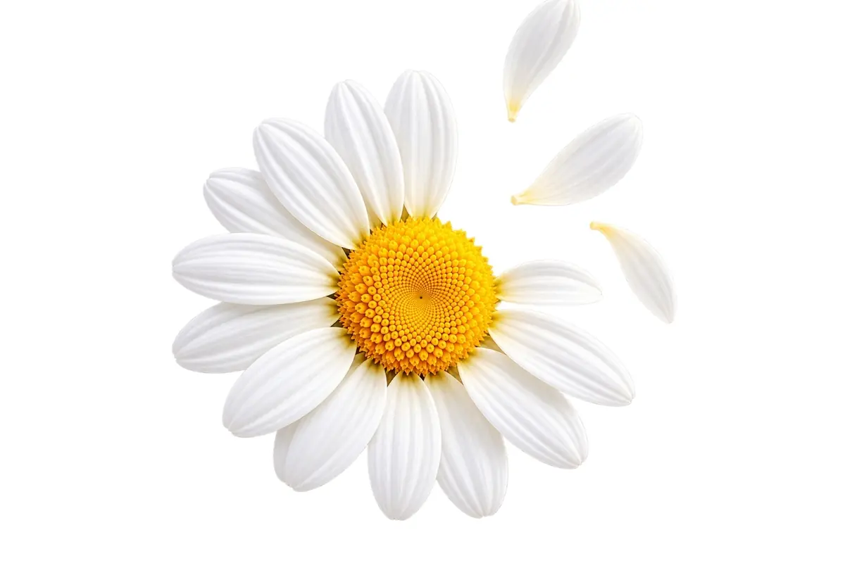 White daisy with a yellow center on a white background and some loose petals