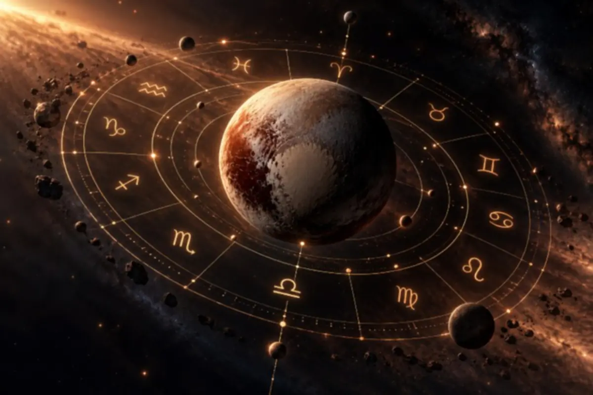 Dark planet in space surrounded by a luminous circle with zodiac symbols and asteroid orbits Dark planet in space surrounded by a luminous circle with zodiac symbols and asteroid orbits
