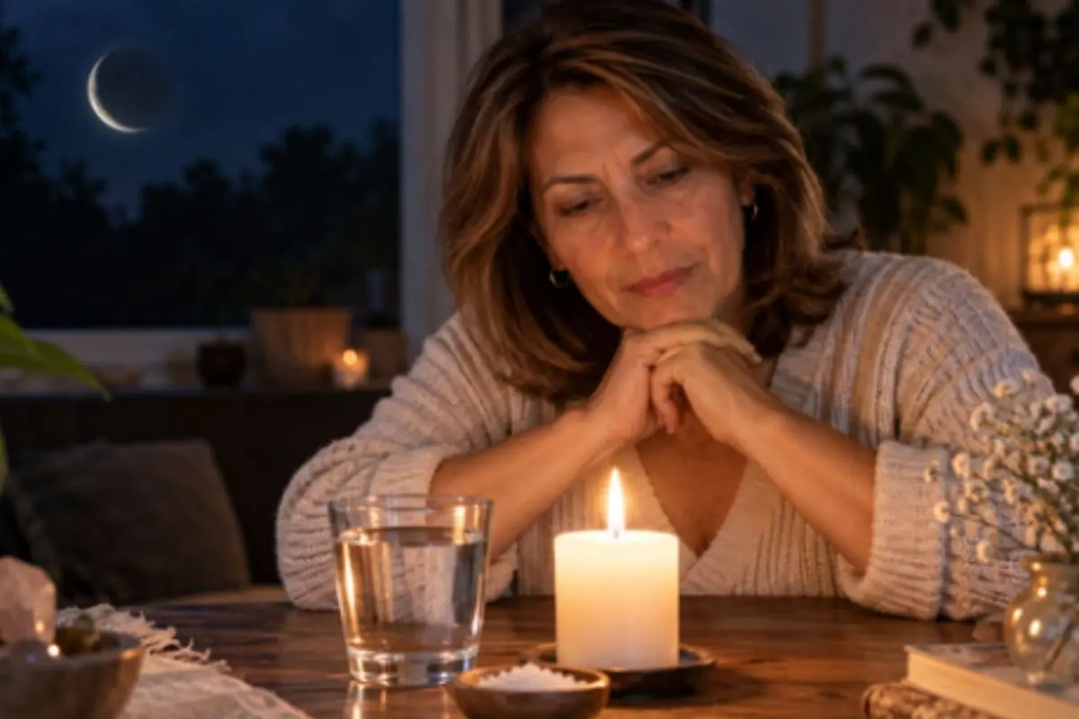 Thoughtful woman sitting at the table watching a lit candle next to a glass of water in a cozy room at night, with the crescent moon visible through the window. Thoughtful woman sitting at the table watching a lit candle next to a glass of water in a cozy room at night, with the crescent moon visible through the window.