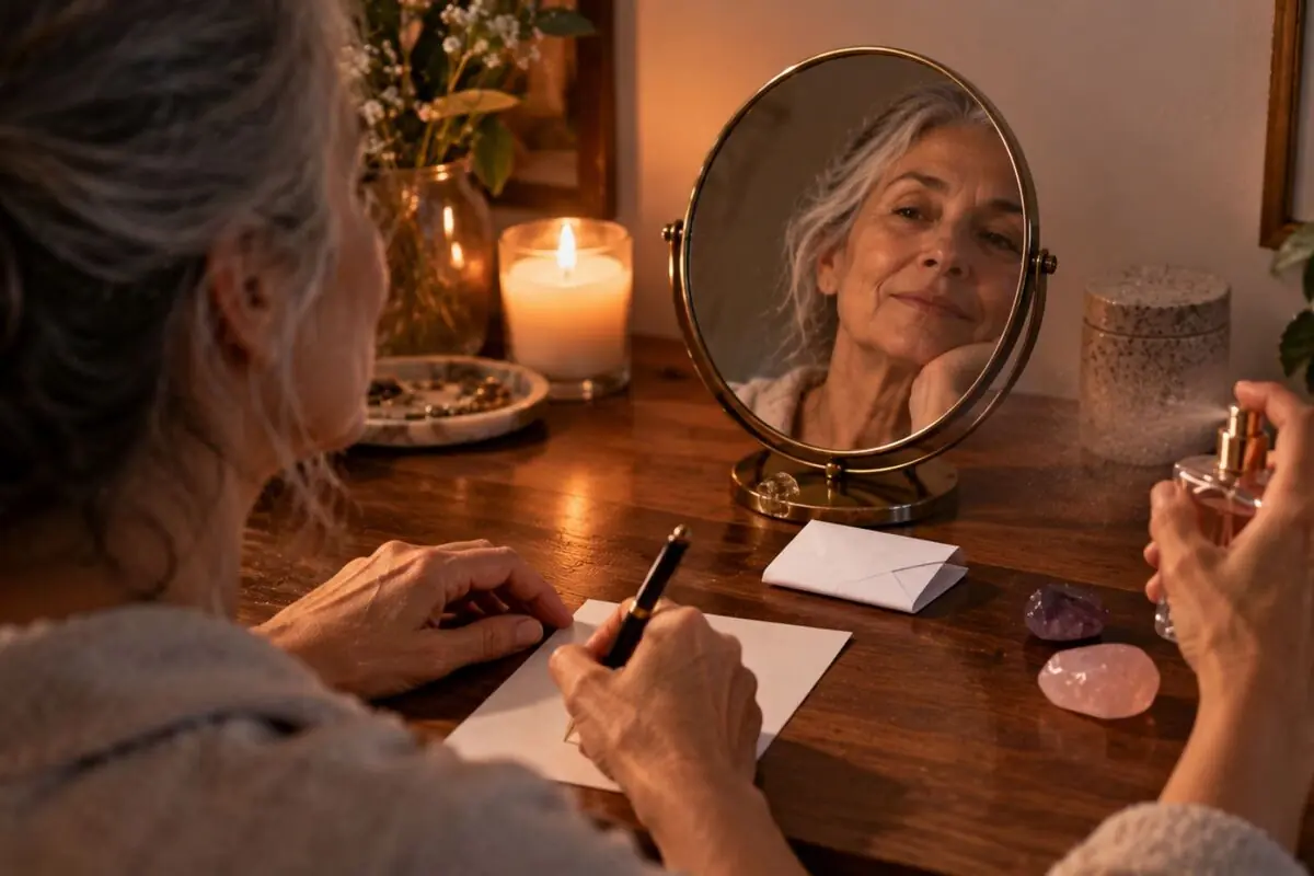 Elderly woman writing a letter at a wooden desk while calmly looking at herself in a round mirror next to a lit candle and decorative stones.