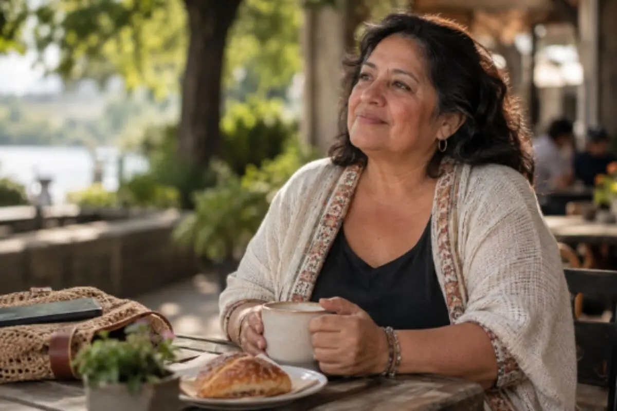 Middle-aged woman sitting on the terrace of an outdoor café holding a cup of coffee in front of a croissant while gazing thoughtfully to the side. Middle-aged woman sitting on the terrace of an outdoor café holding a cup of coffee in front of a croissant while gazing thoughtfully to the side.