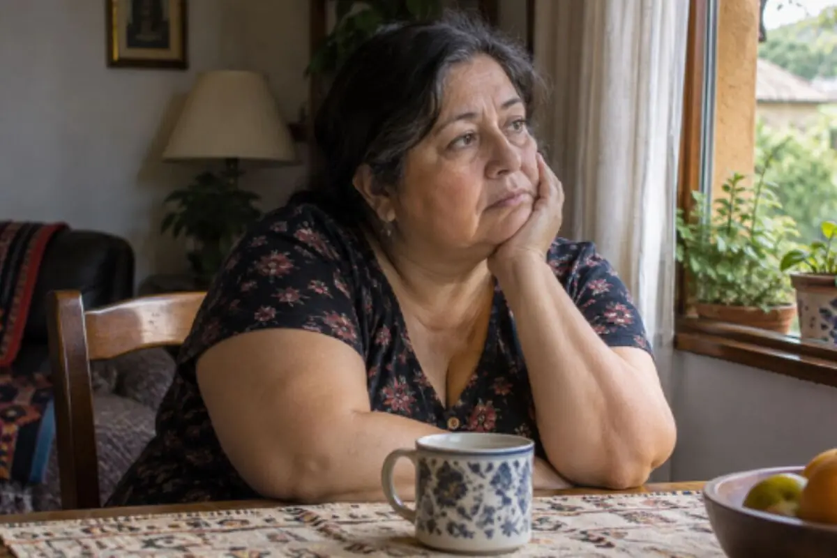 Thoughtful middle-aged woman sitting at a table by a window with a cup of coffee in front of her. Thoughtful middle-aged woman sitting at a table by a window with a cup of coffee in front of her.