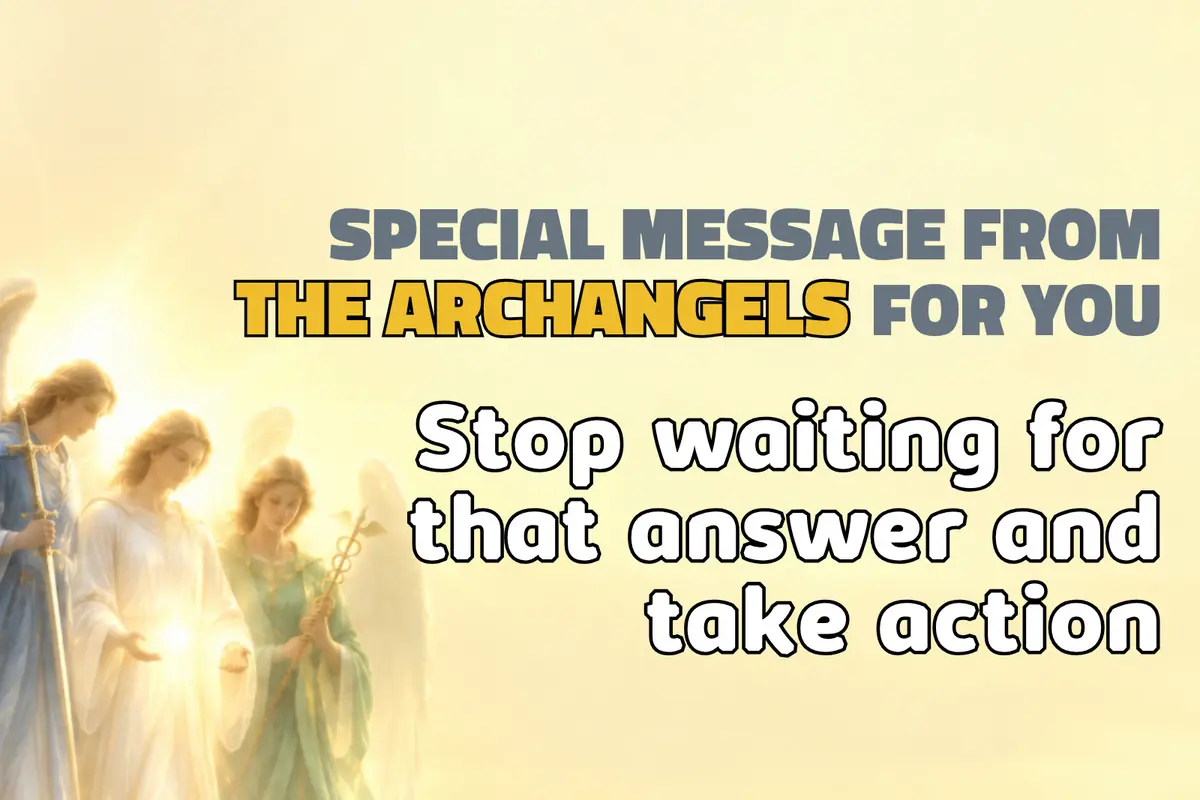 Illustration of several luminous archangels with a motivational message in English that encourages you to stop waiting for an answer and take action.
