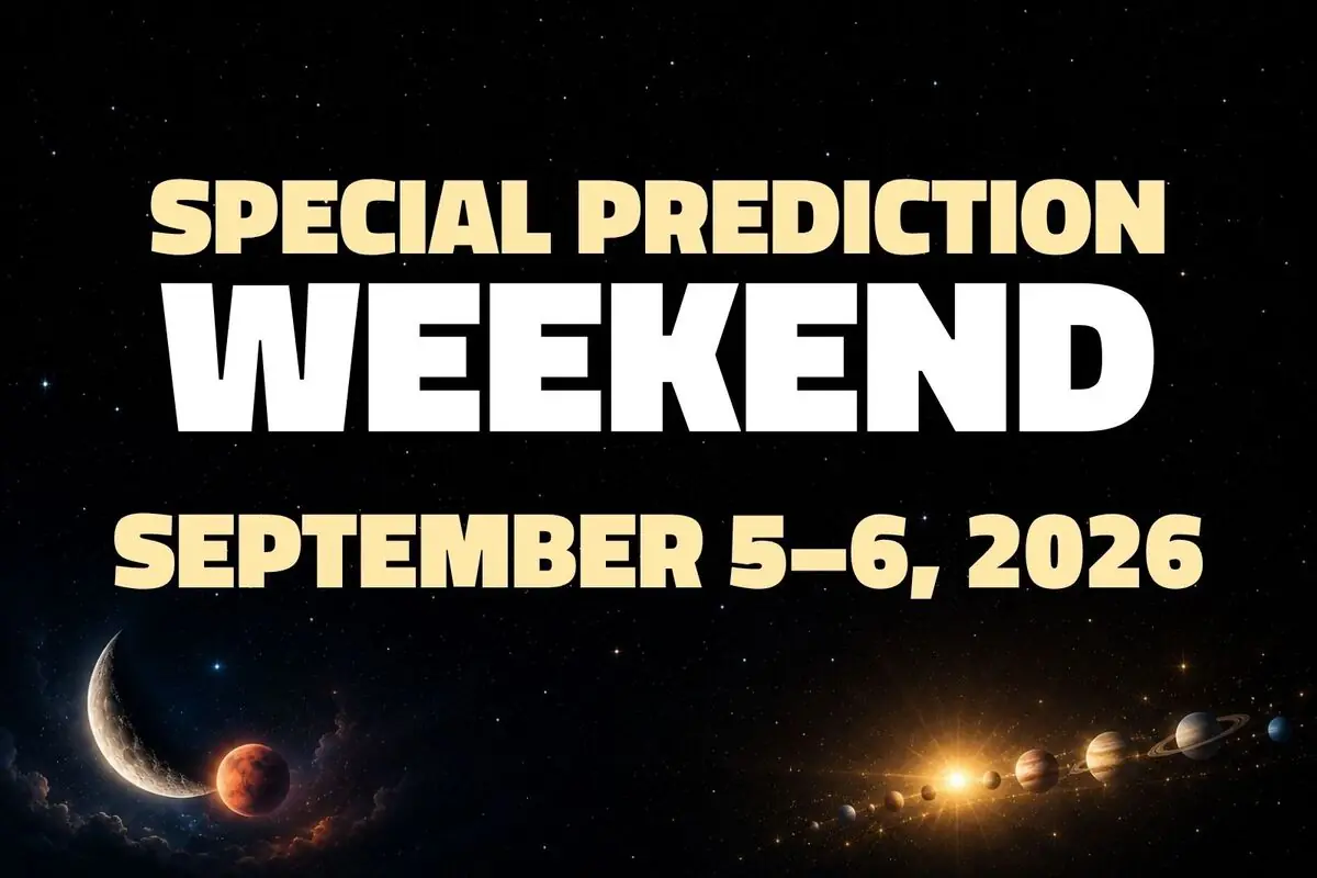 Promotional text announcing Special Prediction Weekend September 5–6, 2026 over a space background with planets and a moon illuminated by the sun.