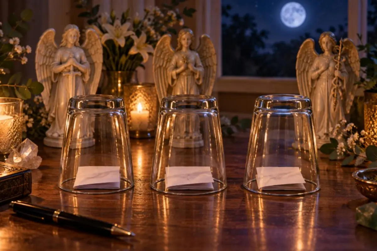 Night ritual table with three upside-down glass cups on papers in front of lit candles, flowers, and angel statues, with the full moon visible through the window Night ritual table with three upside-down glass cups on papers in front of lit candles, flowers, and angel statues, with the full moon visible through the window