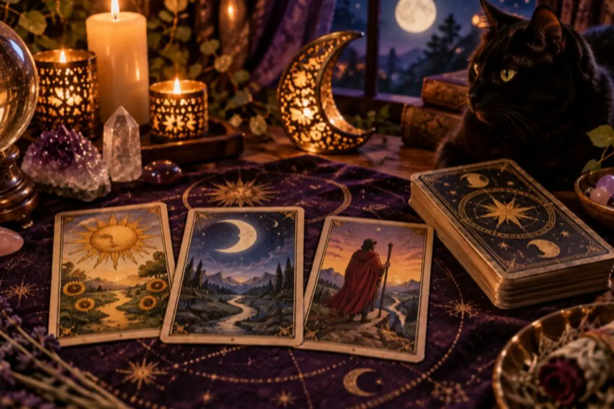 Esoteric table with tarot cards laid out, crystals, lit candles, a decorative moon, and a black cat watching beside a nighttime window with a full moon Esoteric table with tarot cards laid out, crystals, lit candles, a decorative moon, and a black cat watching beside a nighttime window with a full moon