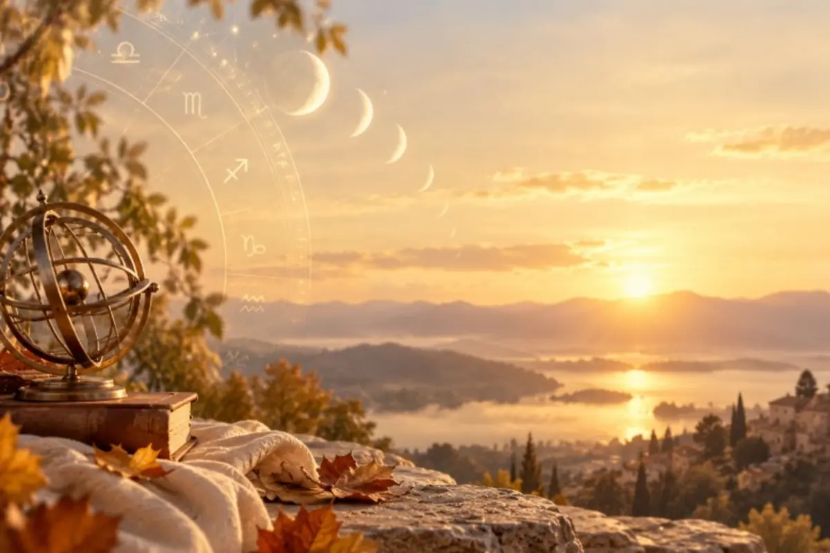 Sunset landscape with a lake, mountains, and a village in the background, next to an armillary sphere on books, autumn leaves, and zodiac symbols superimposed in the sky