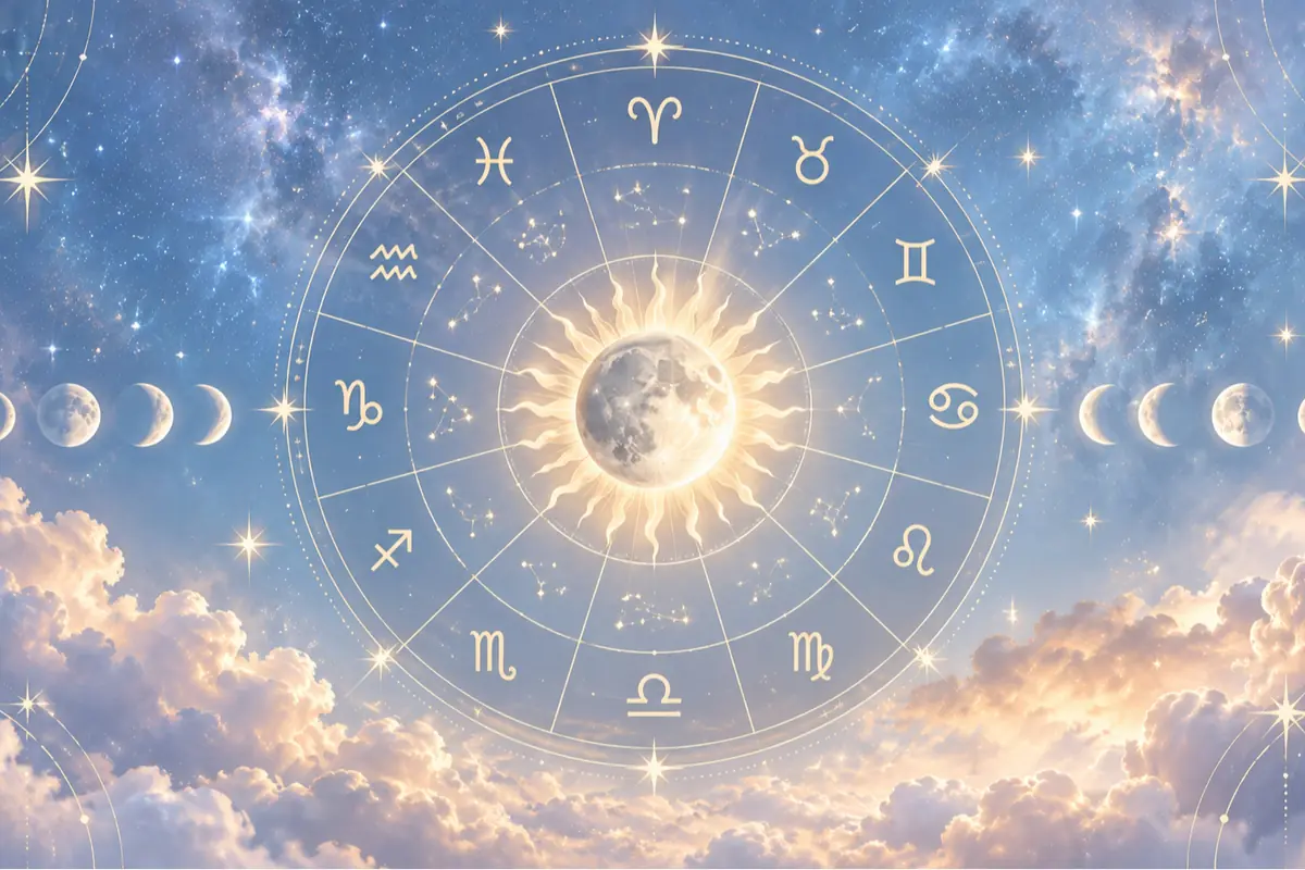 Golden zodiac wheel with a full moon in the center, surrounded by constellations, lunar phases, and illuminated clouds in a starry sky Golden zodiac wheel with a full moon in the center, surrounded by constellations, lunar phases, and illuminated clouds in a starry sky