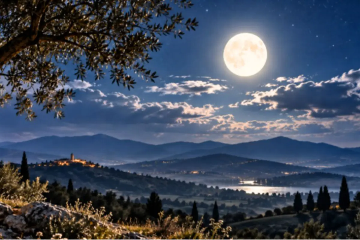 Night landscape with a bright full moon over mountains, a lake, and a small village lit up among trees and vegetation Night landscape with a bright full moon over mountains, a lake, and a small village lit up among trees and vegetation