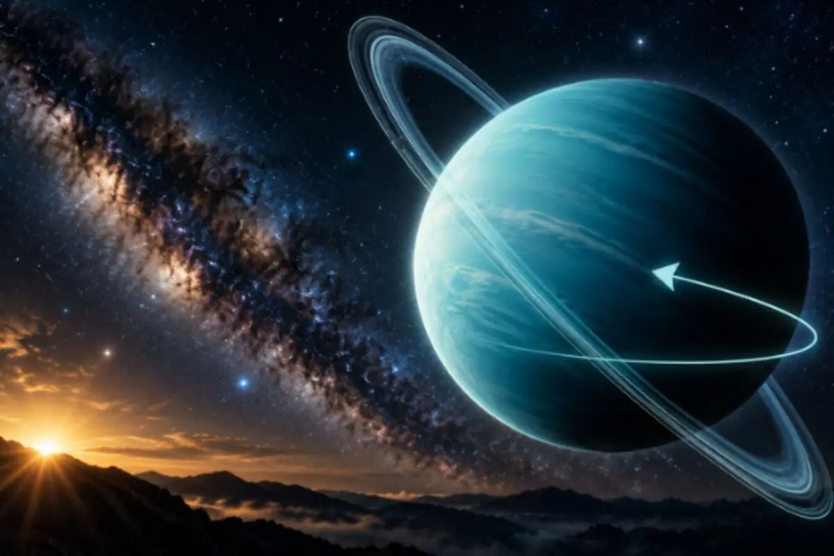 Illustration of a giant planet with glowing rings over a mountainous landscape at dawn and the Milky Way in the background. Illustration of a giant planet with glowing rings over a mountainous landscape at dawn and the Milky Way in the background.