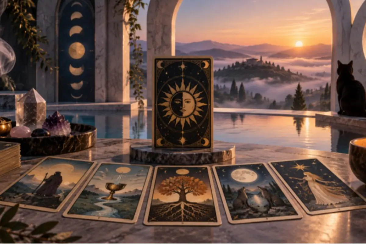 Tarot deck laid out on a marble table next to crystals and an infinity pool overlooking a mountainous landscape at sunrise, with a black cat gazing at the horizon Tarot deck laid out on a marble table next to crystals and an infinity pool overlooking a mountainous landscape at sunrise, with a black cat gazing at the horizon