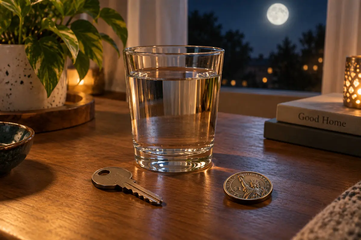 Glass of water on a wooden nightstand next to a metal key, a gold coin, a book, and a lit candle, with the full moon visible through the window in the background. Glass of water on a wooden nightstand next to a metal key, a gold coin, a book, and a lit candle, with the full moon visible through the window in the background.